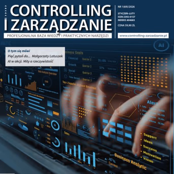 Okładka magazynu Controlling i Zarządzanie z wykresami i danymi na ekranie dotykowym, ręce nad klawiaturą.